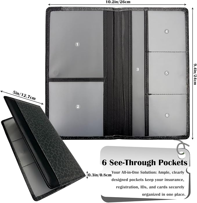 Car Registration and Insurance Holder with Magnetic Closure, Universal Document Organizer for License, Insurance Cards & Glove Box Storage (Leopard-Black)