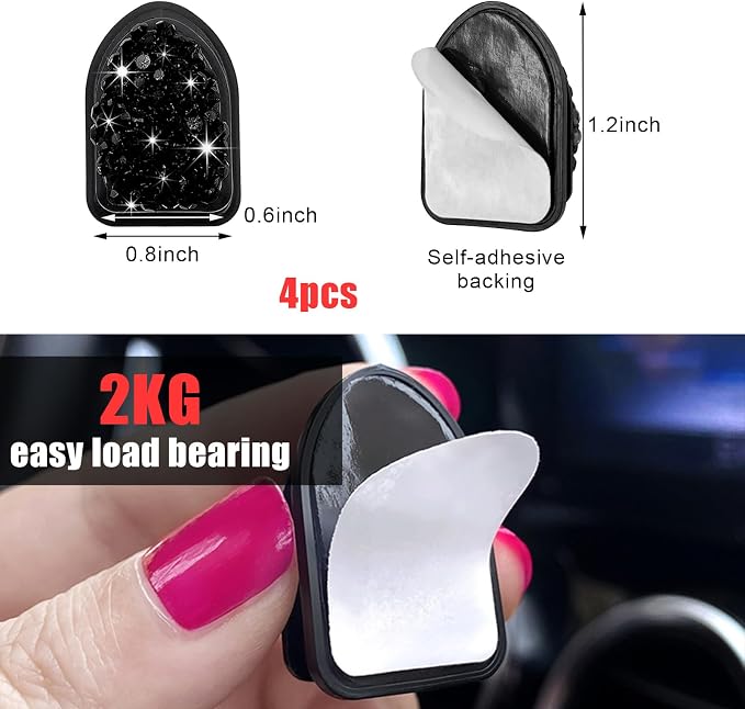 Yourkar 4PCS Bling Car Mini Hooks, Multifunctional Adhesive Small Auto Storage Hook for Key Cable Mask, Crystal Rhinestone Dashboard Hanging Hook, Interior Decor Car Accessories (Black)