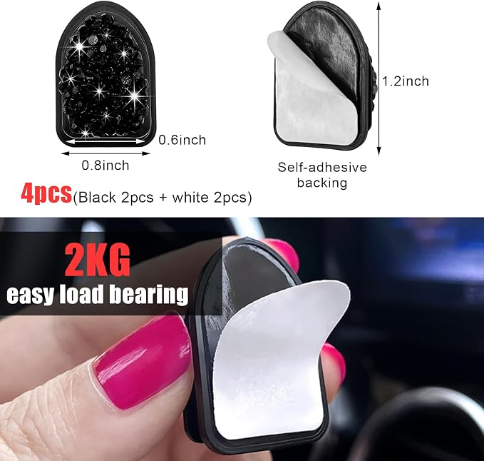 Yourkar 4PCS Bling Car Mini Hooks, Multifunctional Adhesive Small Auto Storage Hook for Key Cable Mask, Crystal Rhinestone Dashboard Hanging Hook, Interior Decor Car Accessories (Black+White)