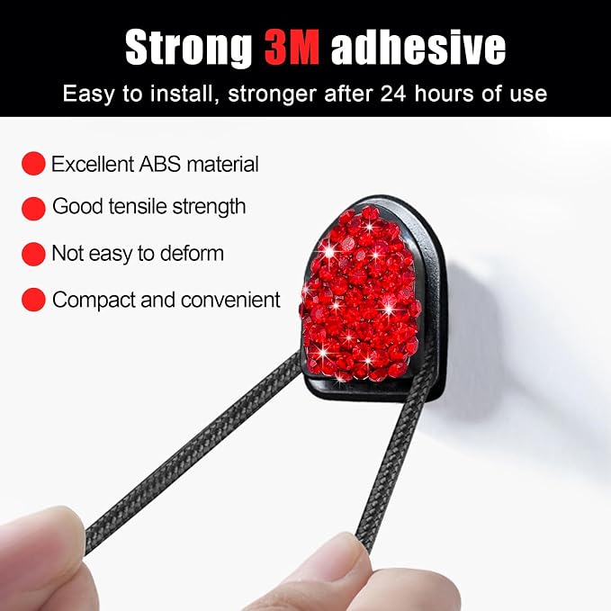 Yourkar 4PCS Bling Car Mini Hooks, Multifunctional Adhesive Small Auto Storage Hook for Key Cable Mask, Crystal Rhinestone Dashboard Hanging Hook, Interior Decor Car Accessories (Red)