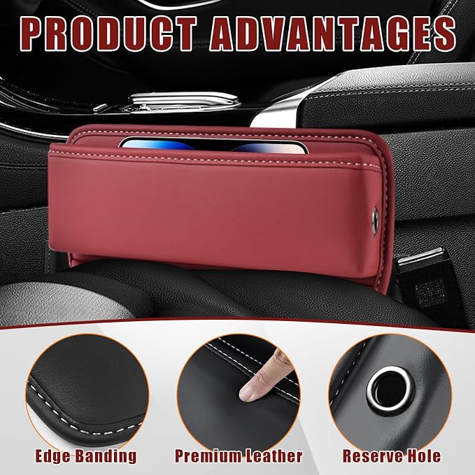 Ziciner Car Seat Gap Organizer, Premium Leather Auto Seat Storage Box, Vehicle Adjustable Front Seat Gap Filler, Car Seat Side Pocket Organizer for Phones, Glasses, Keys, Money, Cards (Red)