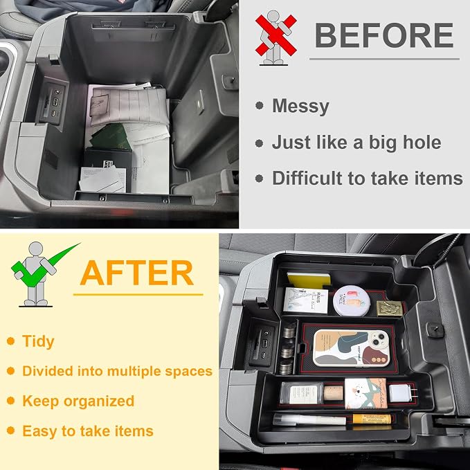 PIMCAR Full Size Console Armrest Organizer Compatible with 2019-2022 Chevy Silverado/GMC Sierra 1500 & 2020-2023 Silverado/Sierra 2500 HD/3500 HD-Full Console w/Bucket Seats ONLY Red Trim