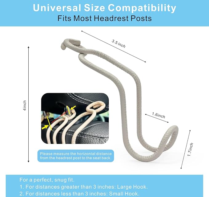 Purse Hooks for Car - 2 Pack Universal Back Seat Storage Holder with Anti-Drop Lock Loop for Vehicle Truck SUV, Car Headrest Hanger for Hat Bag Grocery Handbag Coat Must Have Stuff- Beige Leather/2L