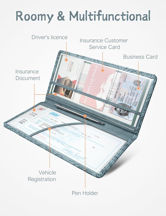 Mymazn Car Registration and Insurance Holder, PU Leather Glove Box Car Organizer with Magnetic Closure, Car Document Holder for Driver's License & Essential Documents (Floral Blue)
