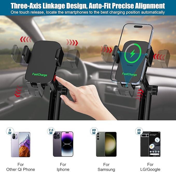 2 in 1 Auto-Clamping Cup Phone Holder for Car, 15W Fast Wireless Charging Cup Holder Phone Mount with Type-C Cable, Adjustable Car Cup Expander for Large Bottles