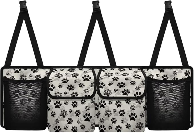Dog Paw Print Car Trunk Organizer Foldable Auto Backseat Storage Bag with 4 Pockets Universal Hanging Auto Accessories Suitable Most Sedans SUVs Trucks Vans