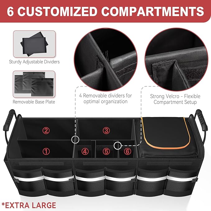 sevgili XL Heavy-Duty Trunk Organizer – Reinforced SUV & Truck Cargo Storage with 6 Adjustable Compartments, Trunk Organizer with Cooler, collapsible Large Trunk Organizer for Car with Cover