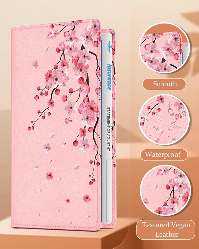 Slohif Car Registration and Insurance Card Holder - Peach Blossom Vehicle Glove Box Organizer Women with Magnetic Shut Leather Automobile License Holders Coasters Auto Accessories Case for Document