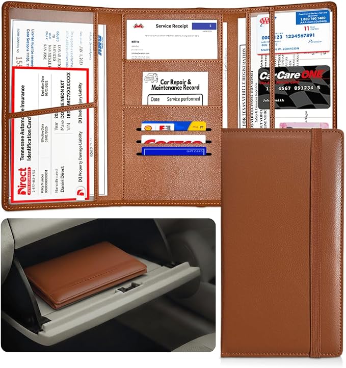 LINTRU Car Registration and Insurance Holder, 12-Pocket Trifold, Glove Box | 3.0mm Reinforced, 16"×9.5" Oversized, Elastic Strap No Magnet, PU Leather, Car Accessories for Men Women