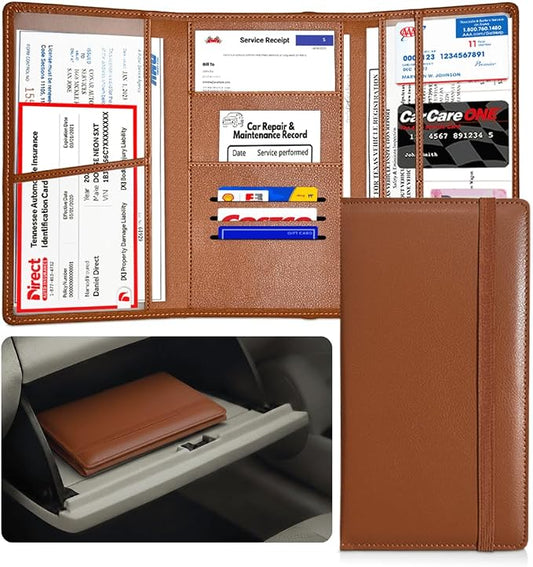 LINTRU Car Registration and Insurance Holder, 12-Pocket Trifold, Glove Box | 3.0mm Reinforced, 16"×9.5" Oversized, Elastic Strap No Magnet, PU Leather, Car Accessories for Men Women