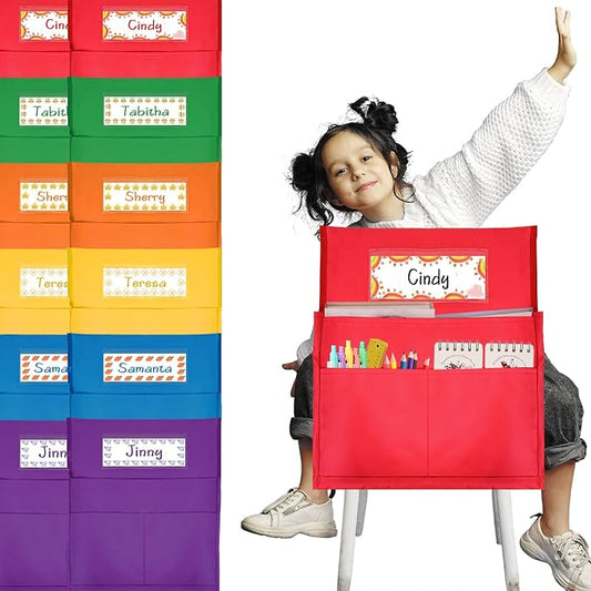 12 Pcs Classroom Chair Pockets, 15.9 x14.8 inch Chair Pockets for Classroom, 6 Bright Color Seat Sacks for Classroom Chairs, Buddy Pocket, Chart Seat Back Organizer with Name Tag
