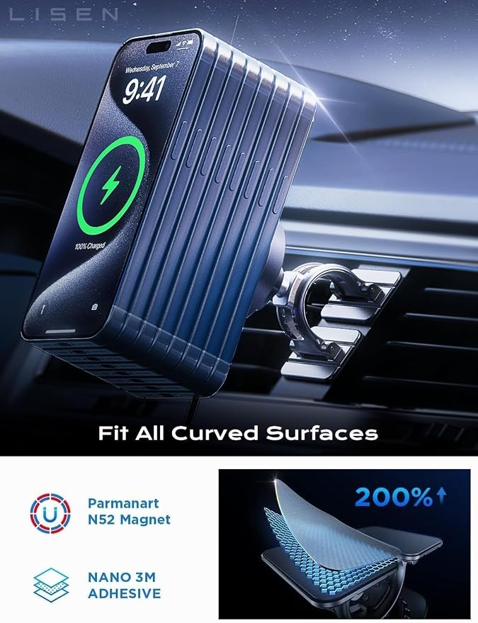 LISEN 15W MagSafe Car Mount Charger,[Light Pink] Magnetic Wireless Car Charger, Dashboard & Air Vent Car Phone Mounts, Magnetic Phone Holder for Car Mount for iPhone 17/16/15/14/13/12, Samsung Pixel | [Light Pink & Purple LED light] Magsafe Car Mount C...