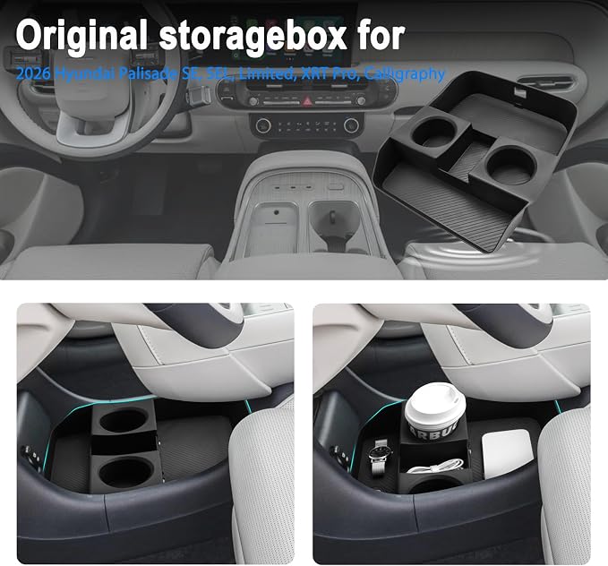 SHAOHAO for 2026 Hyundai Palisade Lower Organizer for 2026 Hyundai Palisade Accessories Under Console Organizer Tray, 2026 Palisade LX3 Buttom Insert Stoage Box with Cup Holder (Only for 7-Seat)