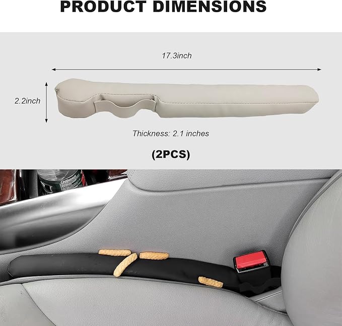 2PCS Leather Car Seat Gap Filler, No-Drop Seat Side Gap Plug Crevice Blocker with Securing Strap, Elastic Filler Block The Gap Between Seats & Console for Truck SUV Sedan (Beige)