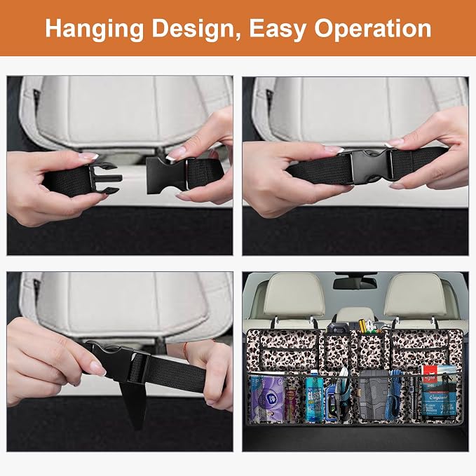 Car Trunk Organizer, Super Capacity Backseat Car Organizer for SUV/Truck/MPV, Hanging Car Storage Organizer with 8 Pocekts, Car Accessories for Women and Men- Leopard print