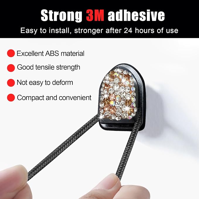 Yourkar 4PCS Bling Car Mini Hooks, Multifunctional Adhesive Small Auto Storage Hook for Key Cable Mask, Crystal Rhinestone Dashboard Hanging Hook, Interior Decor Car Accessories (Champagne)