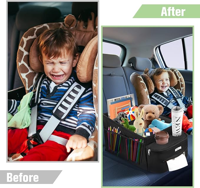 FUNNy elf Passenger Seat Organizer, Collapsible Car Storage with Partitions & 4 Cup Holders for Front or Back Seat