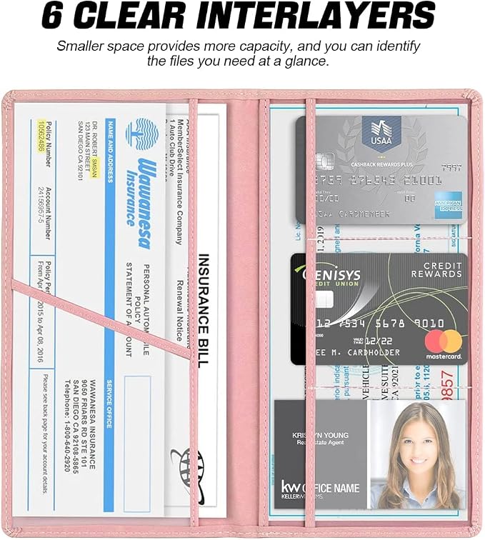 XINLIYA Car Registration and Insurance Card Holder, PU Glove Box Essential Documents Paperwork Driver License Organizer for Car, Wallet Case Auto Vehicle Truck Accessories for Women and Men (Rose