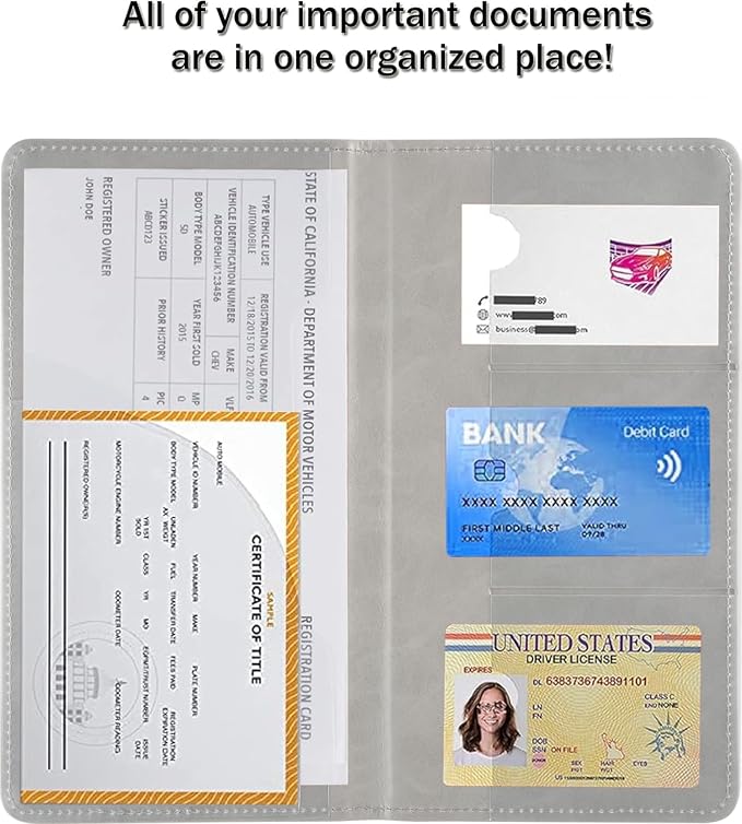 UYYE Auto Car Registration and Insurance Documents Holder - PU Leather Vehicle Glove Box Documents Organizer Wallet, Car Interior Accessories Case Holder for Essential Automobile Documents（Grey）