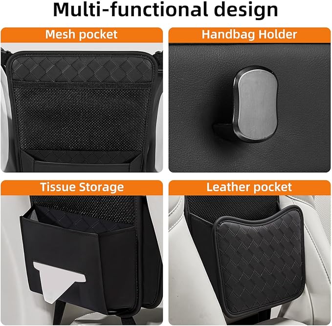 Purse Holder for Car,Car Purse Holder Between Seats,PU Leather Seat Back Organizer,Large Capacity Bag,Car Net Pocket Handbag Holder,Pet Barrier(Black)