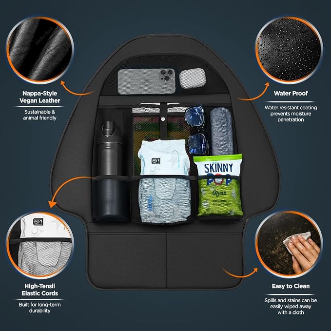 Back Seat organizer for Tesla Model 3 / Model Y (Premium Vegan Leather) Custom fit Car Seat Back Protector with Storage Pockets (Black)
