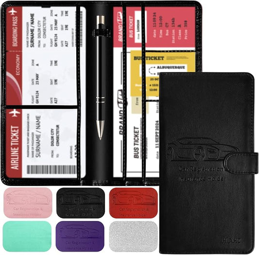 Car Registration and Insurance Card Holder with Magnetic Closure, Leather Vehicle Glove Box Automobile Documents Paperwork Wallet Case Organizer for ID, Driver's License, Key Contact Information Cards