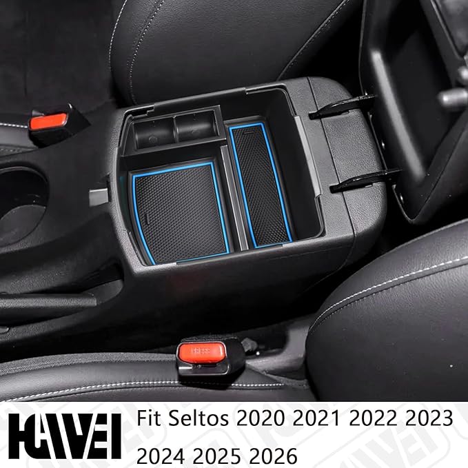 HGWEI Center Console Tray Organizer Compatible with Kia Seltos 2020 2021 2022 2023 2024 2025 2026 Accessories, Middle Armrest Insert Container ABS Secondary Storage Box, Blue