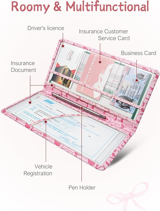 Mymazn Car Registration and Insurance Holder, PU Leather Glove Box Car Organizer with Magnetic Closure, Car Document Holder for Driver's License & Essential Documents (Pink)