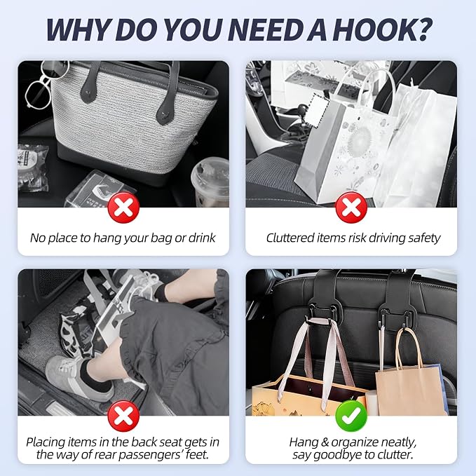 2 Packs Headrest Hooks for Car, Hidden Twinhook Leather & Metal Car Purse Holders, Universal for BMW X5 X3 X1 X7 Accessories, Seat Back Storage Organizer Hanger for Purse Bag Phones(Black)