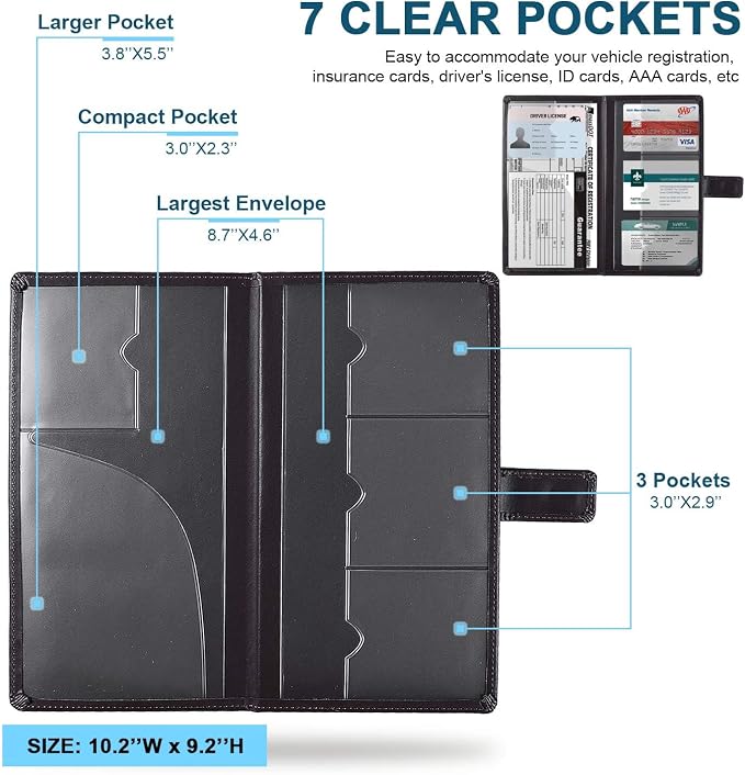 GNEGNI Car Registration and Insurance Holder, Premium PU Leather, 7-Pocket Vehicle Glove Box Car Organizer with Magnetic Closure for Driver License, Cards, 5.12" x 9.25