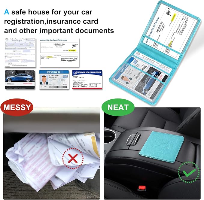 DMLuna Car Registration and Insurance Holder, Folio Leather Vehicle Card Document Glove Box Organizer, Auto Truck Compartment Accessories for Essential Information, Driver License Cards, Sky Blue