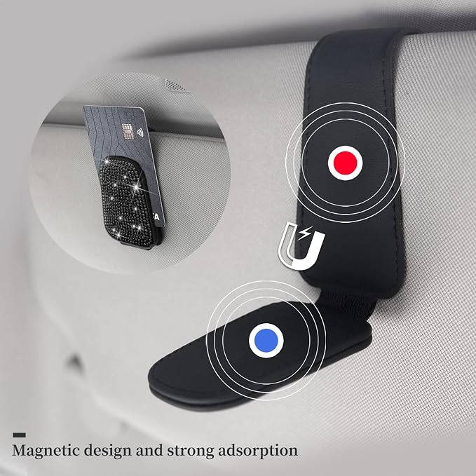 Yuchew Bling Sunglass Holder for Car Visor Magnetic Leather Sunglasses Visor Clip, Eyeglass Hanger Ticket Card Clip