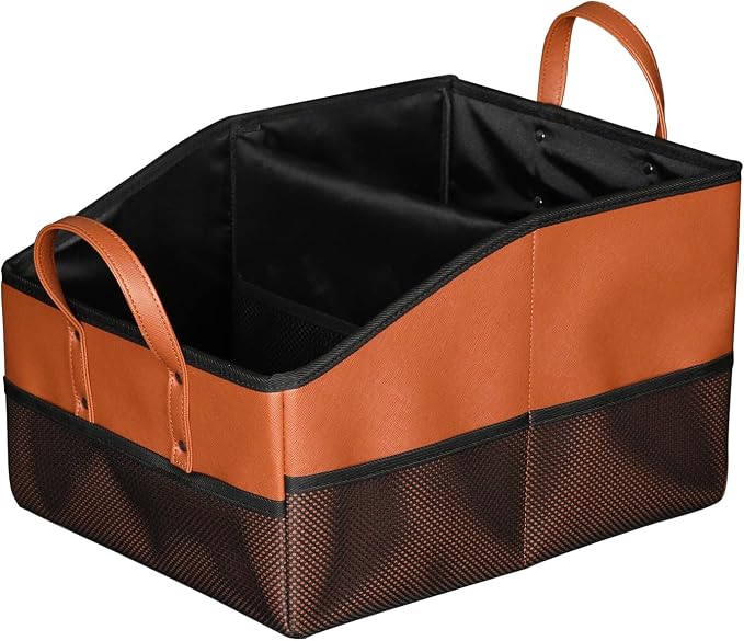Collapsible Car Seat Organizer with 9 Compartments, Folds Flat, Brown | Dividable Partitions storage with dividers & mesh pockets. Fits front/back seats. Folds flat for easy storage when not in use