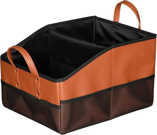 Collapsible Car Seat Organizer with 9 Compartments, Folds Flat, Brown | Dividable Partitions storage with dividers & mesh pockets. Fits front/back seats. Folds flat for easy storage when not in use