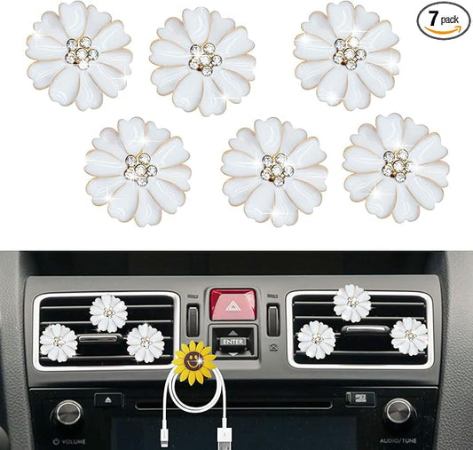 Daisy Air Vent Clips - 6 Pcs Cute Flower Car Air Fresheners Vents Clips Glam Car Interior Decor Charm Accessories for Women (White)+ Mask Hook