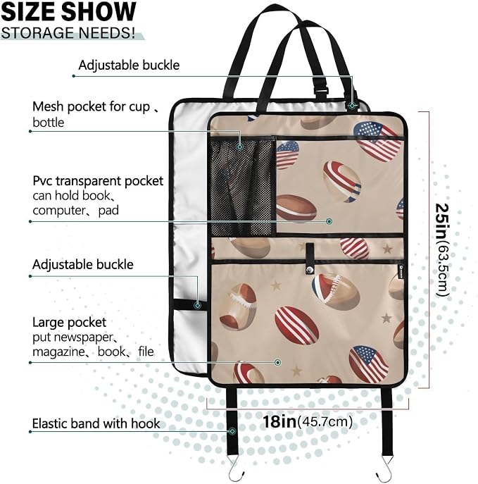 Brown Football and Flag 2 Pack Backseat Car Organizer with Storage Pockets Seat Back Organizers for Kids Kick Mats Backseat Protector Automotive