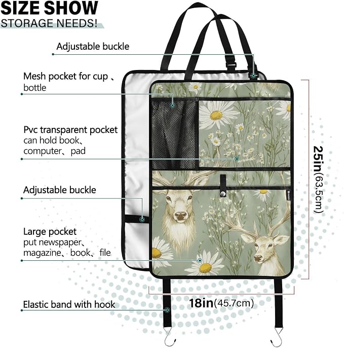 Sage Daisy Deer 2 Pack Backseat Car Organizer with Storage Pockets Seat Back Organizers for Kids Kick Mats Backseat Protector Automotive