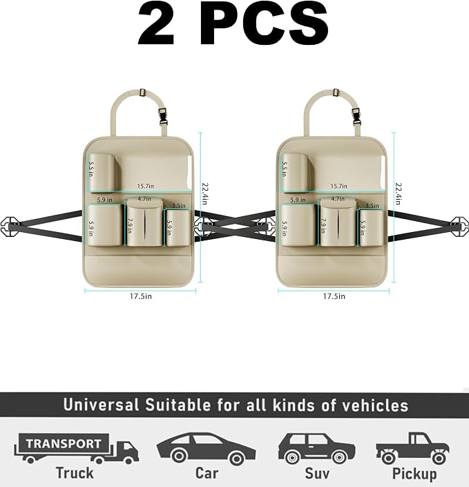 XDV Car Seat Organizers,Multi-functional Back Seat Protectors, Storage Pouches Kick Mats,Child kicking prevention and Tray Holders Tissue Box(for Cars, Kids, Seat Back and Rear Seats) (2, Beige)