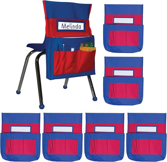 Carson Dellosa 6-Pack Blue and Red Chairback Buddy Pocket Chart Set, 15" x 19" Back of Chair School Supplies Pocket Organizer With Name Tag and 6 Chair Pockets for Classrooms, Classroom Organization