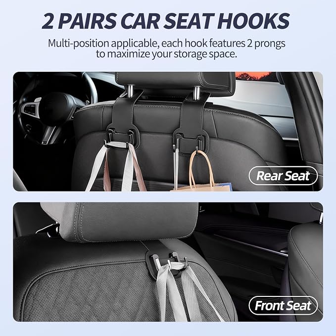 2 Packs Headrest Hooks for Car, Hidden Twinhook Leather & Metal Car Purse Holders, Universal for BMW X5 X3 X1 X7 Accessories, Seat Back Storage Organizer Hanger for Purse Bag Phones(Black)