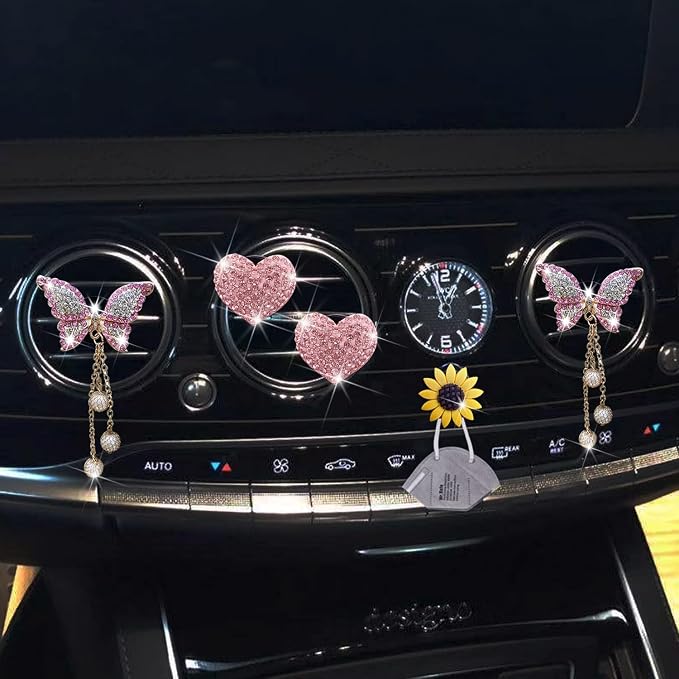 Pink Heart & Butterfly Pandent Air Vent Clips, 4 Pcs Bling Heart Car Air Fresheners Vents Clips Diamond Interior Decor Bling Cute Car Accessories Decoration for Women +Sunflower Mask Hook