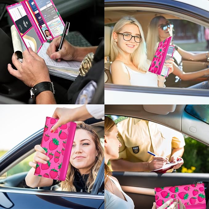 Car Registration and Insurance Holder with Magnetic Closure, Universal Document Organizer for License, Insurance Cards & Glove Box Storage (Strawberry-Hot Pink)