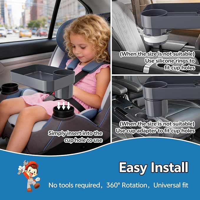 Car Seat Snack Tray for Kids Toddler Travel,Cup Holder Expander for Car,Toddler Travel & Road Trip Accessory for Mess-Free Snacking in The Car (Dark Gray)