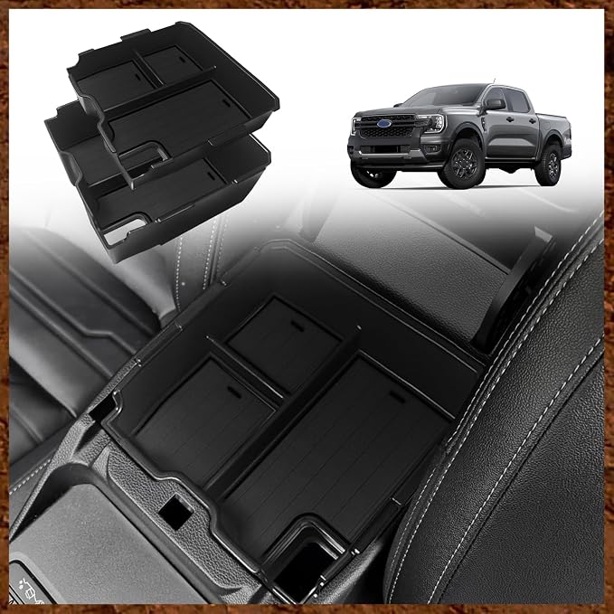 Muslogy Center Console Organizer Compatible with Ford Ranger 2024 2025 2026 & Raptor Accessories Two-Layer Storage Box Insert Tray Secondary Storage Divider Armrest Tray ABS Material Glove Box (Black)