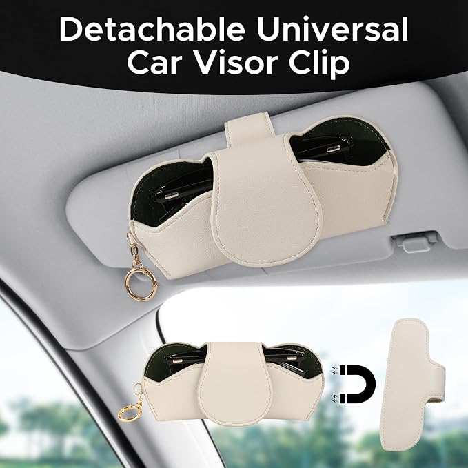 KINIVA Sunglasses Holder for Car Visor with Hanging Hook Portable Leather Glasses Storage Bag with Detachable Clips