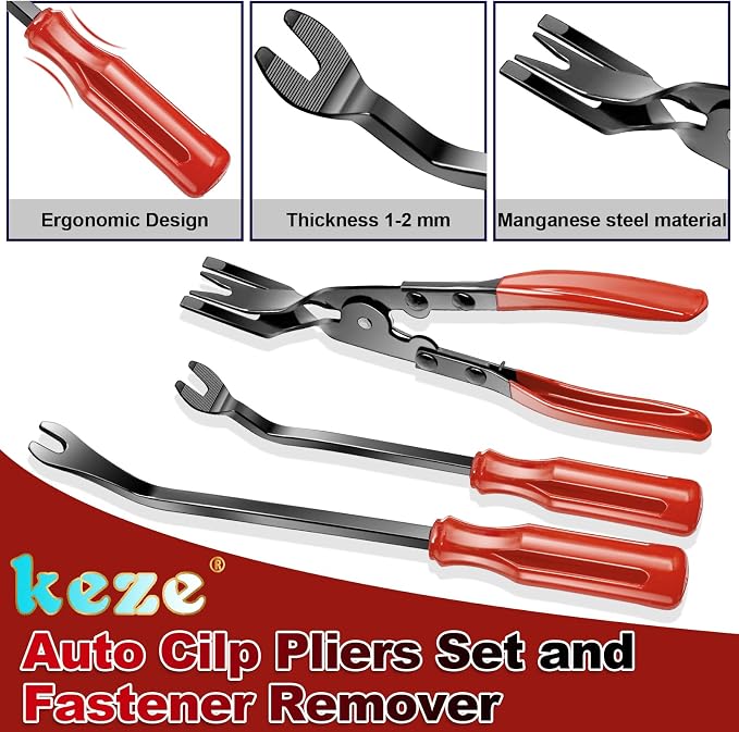 Keze 7 Pcs Auto Trim Removal Tool Kit for Car Panel Dashboard Door Clips and Upholstery with Plastic Pry Tool & Clip Pliers – No Scratch Design Professional Automotive Repair Tools Set, Red