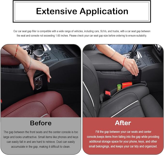 Car Seat Gap Filler Organizer, 2 Pack No-Drop Seat Side Gap Filler Plug Strip with Storage & Belt Slot, Universal Fit Auto Catcher Fill The Gap Between Seat & Console for Car, SUV, Truck, Red