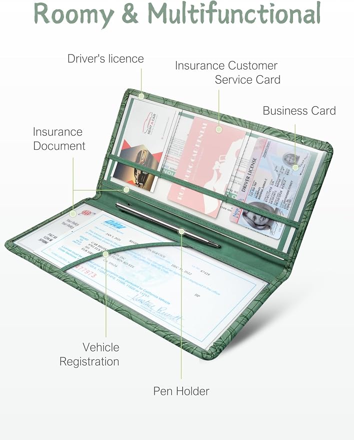 Mymazn Car Registration and Insurance Holder, PU Leather Glove Box Car Organizer with Magnetic Closure, Car Document Holder for Driver's License & Essential Documents (Floral Green)