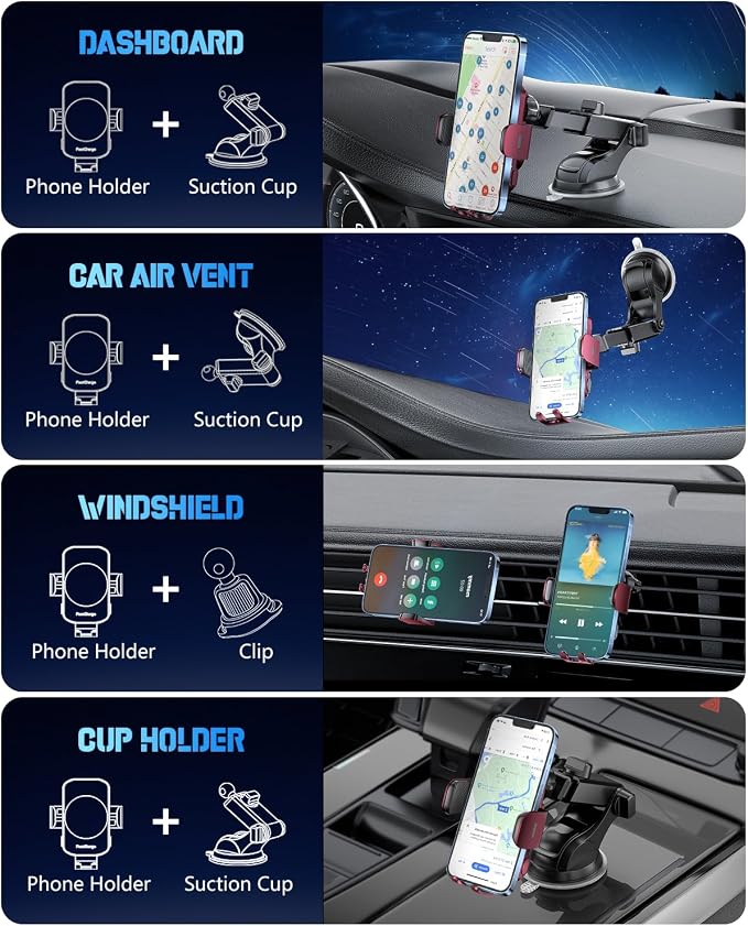 BothLin 3-in-1 Wireless Car Charger Mount, 15W Fast Charging Auto-Clamping Phone Holder for iPhone 17 16 15 14, Samsung Galaxy S24 S23, Dashboard, Vent & Windshield Car Mount(Deep Red)