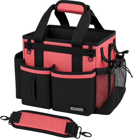 SCAVATA Compact Wearable Cleaning Caddy, Small Cleaning Supplies Organizer with Handle & Shoulder Straps for Housekeepers, under Sink & Car Cleaning Tool Organizers Bag (Coral Pink)